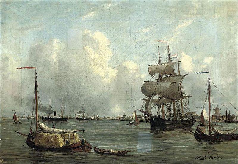 Bustling activity in a Dutch harbour, Robert Charles Laurens Gustave Mols
